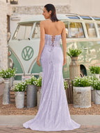 Strapless Mermaid Long Sequins Formal Prom Gown With Split