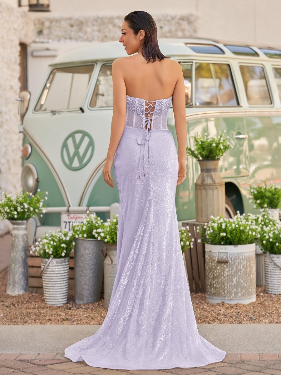Strapless Mermaid Long Sequins Formal Prom Gown With Split