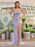 Strapless Mermaid Long Sequins Formal Prom Gown With Split