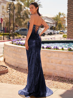 Strapless Mermaid Long Sequins Formal Prom Gown With Split