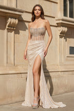 Strapless Mermaid Long Sequins Formal Prom Gown With Split