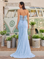 Strapless Mermaid Long Sequins Formal Prom Gown With Split