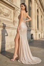 Strapless Mermaid Long Sequins Formal Prom Gown With Split