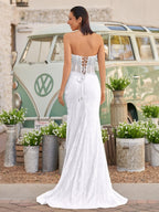 Strapless Mermaid Long Sequins Formal Prom Gown With Split