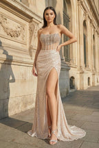 Strapless Mermaid Long Sequins Formal Prom Gown With Split