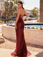 Strapless Mermaid Long Sequins Formal Prom Gown With Split