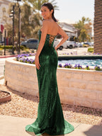 Strapless Mermaid Long Sequins Formal Prom Gown With Split