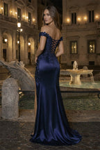 Burgundy Off The Shoulder Mermaid Beaded Satin Long Formal Prom Gown With Appliques