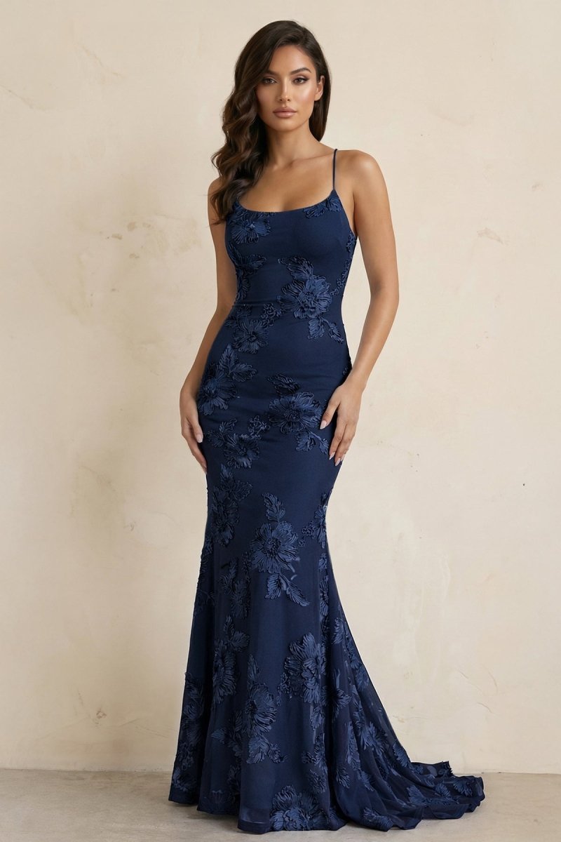 Sky Blue Spaghetti Straps Mermaid Tulle Long Formal Prom Gown With Appliques