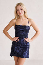 Jovienne Navy Blue side view homecoming dress