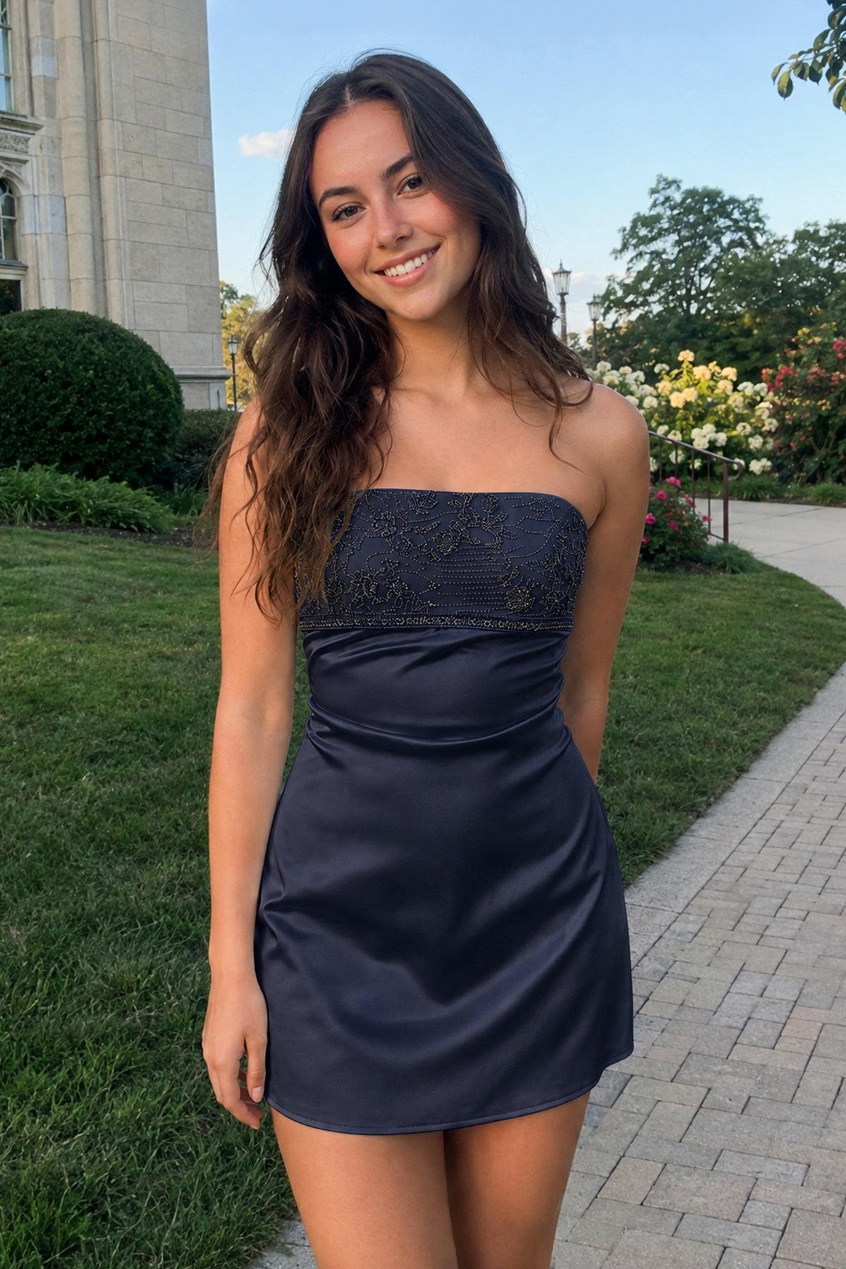 Serena Navy Blue front view homecoming dress