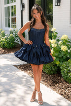 Strapless Black Beaded Short Homecoming Dress with Bow
