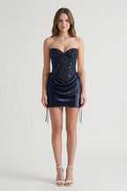 Pink Sweetheart Sheath Corset Ruched Satin Homecoming Dress with Beading