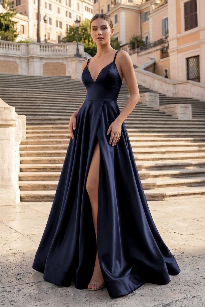 Renata Navy Blue front view prom dress