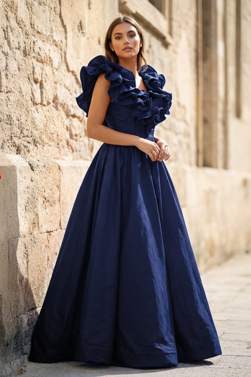 Kallista Navy Blue front view prom dress