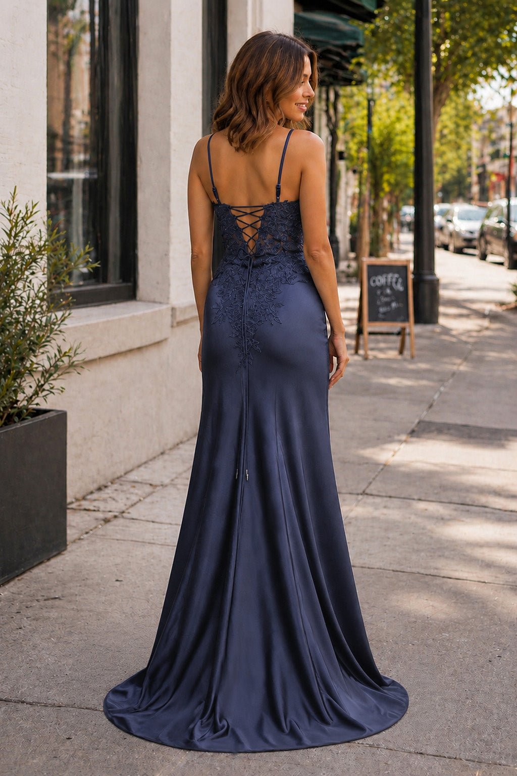 Clarimond navy blue back view prom dress