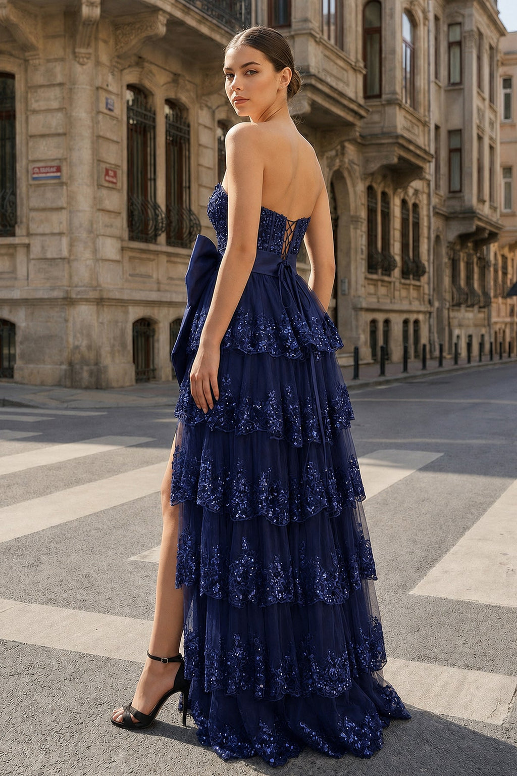 Sweetheart Light Blue Lace Appliques Ruffle Long Formal Gown