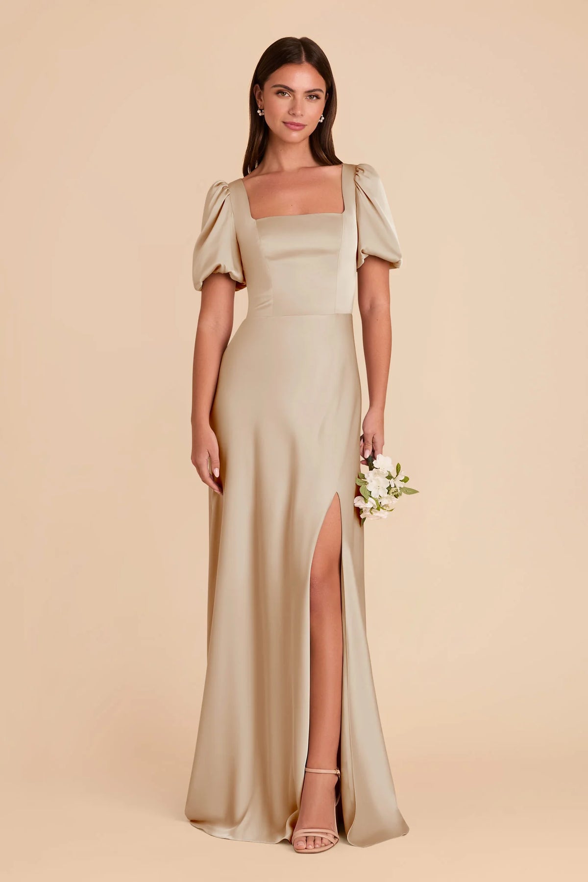 Selene Neutral Champagne front view bridesmaid dress