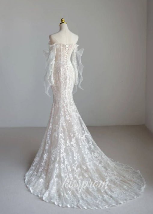 White Lace Mermaid Wedding Dress with Sweep Train