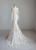 White Lace Mermaid Wedding Dress with Sweep Train