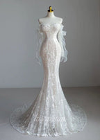 White Lace Mermaid Wedding Dress with Sweep Train