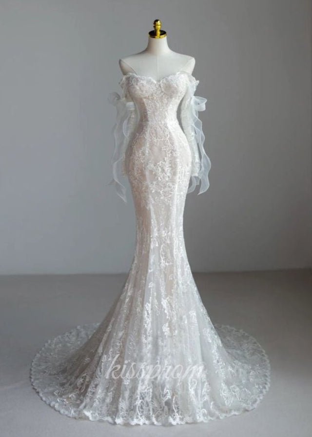 White Lace Mermaid Wedding Dress with Sweep Train