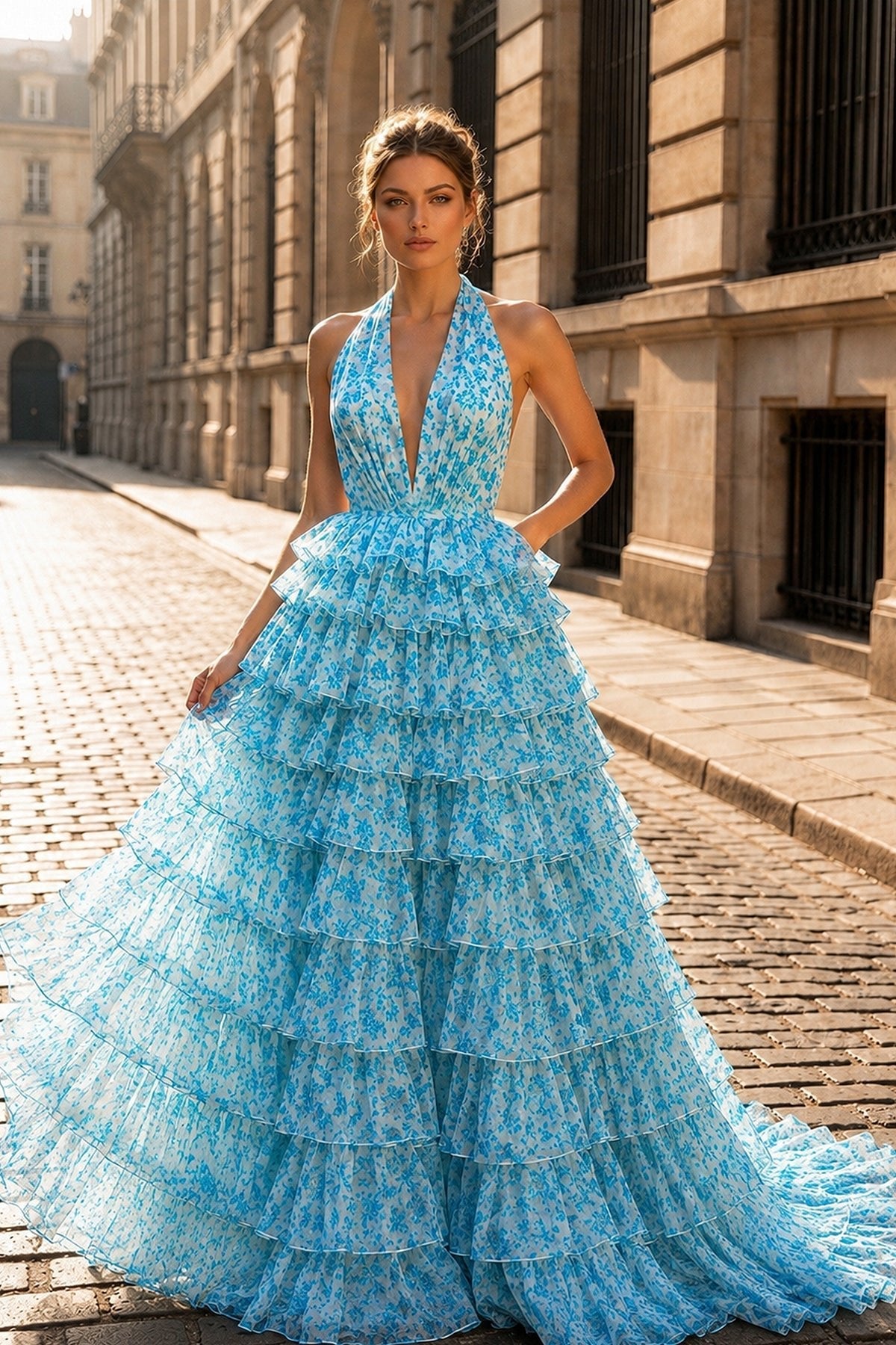 Pink Halter Tulle Printed Ruffle Tiered A Line Formal Prom Gown