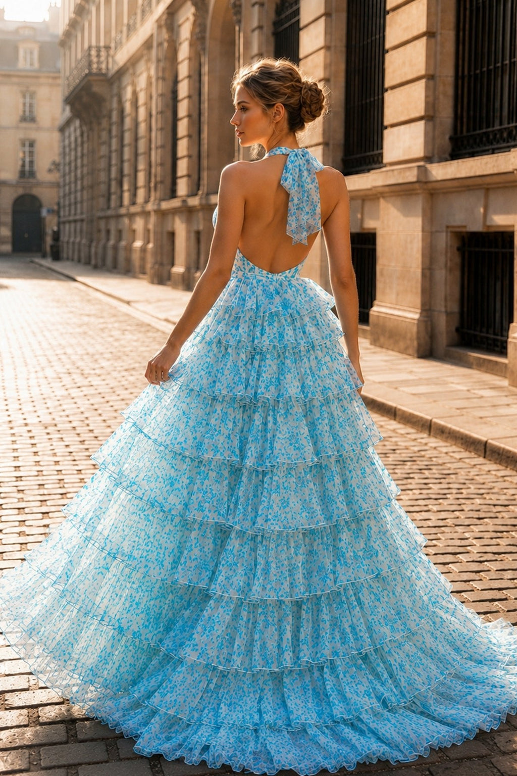Pink Halter Tulle Printed Ruffle Tiered A Line Formal Prom Gown