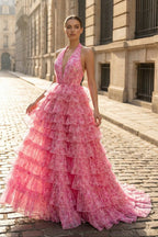Pink Halter Tulle Printed Ruffle Tiered A Line Formal Prom Gown