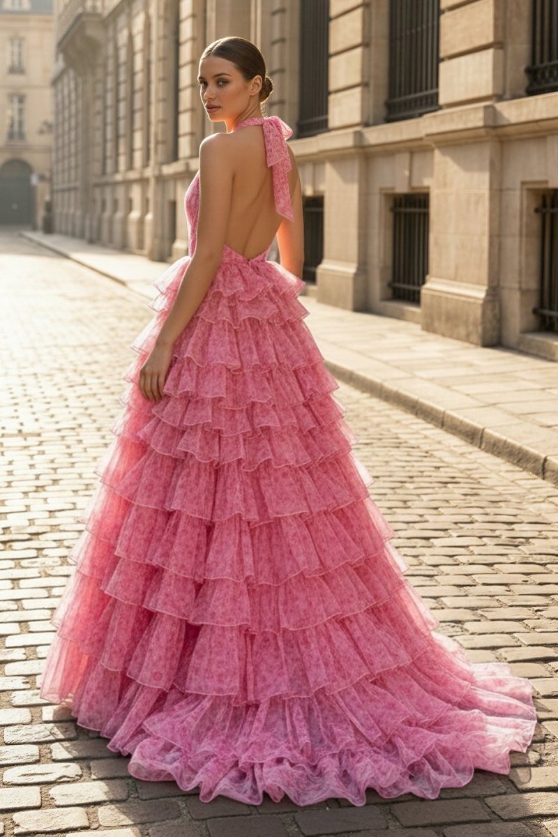 Pink Halter Tulle Printed Ruffle Tiered A Line Formal Prom Gown