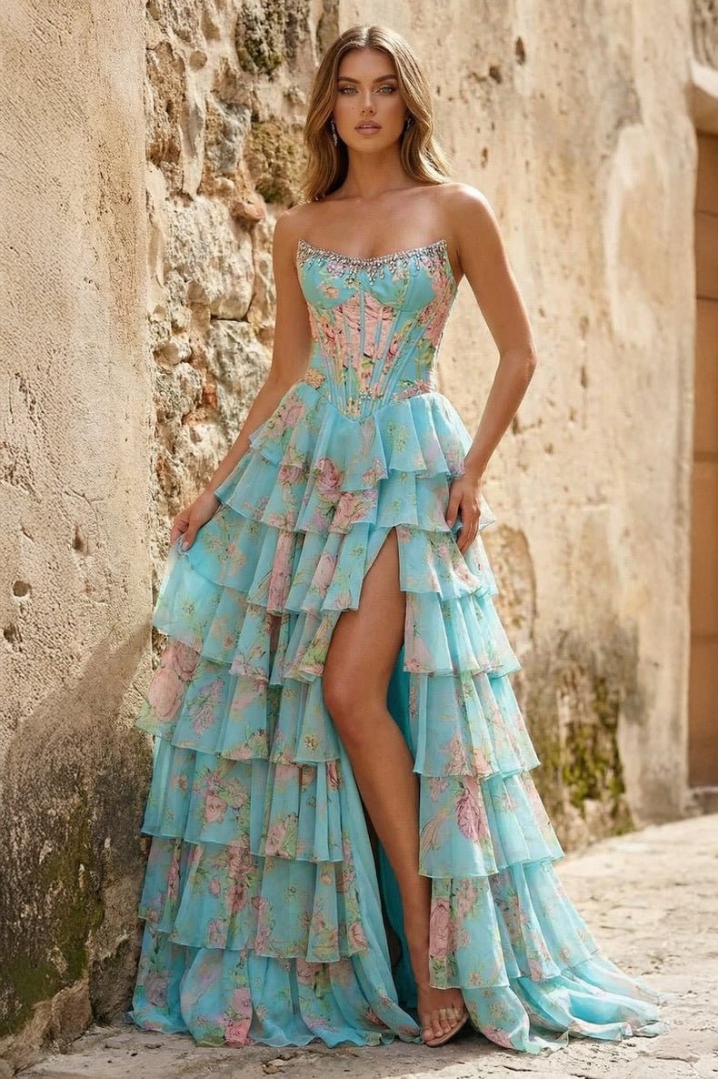 Ophelina aqua front view prom dress