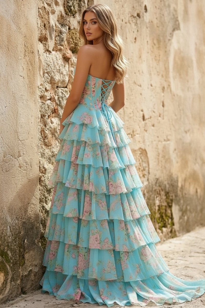 Ophelina aqua back view prom dress