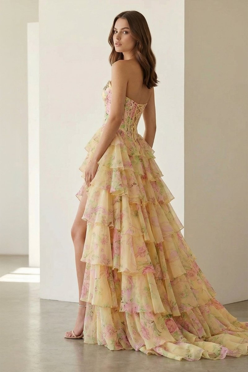 Ophelina yellow back view prom dress