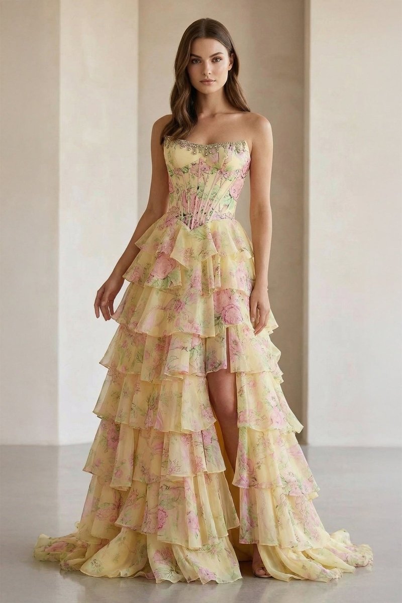 Ophelina yellow side view prom dress