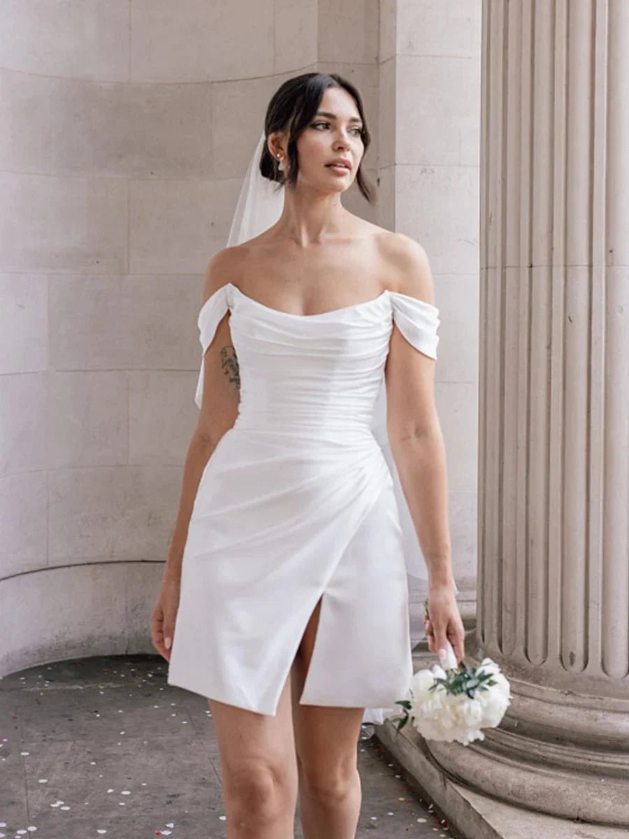 Diamond White Satin A-Line Wedding Dress with Off The Shoulder Neckline and Slit
