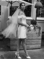 Diamond White Satin A-Line Wedding Dress with Off The Shoulder Neckline and Slit
