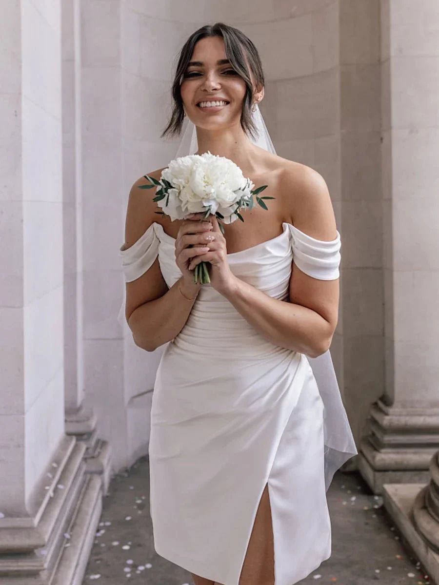 Diamond White Satin A-Line Wedding Dress with Off The Shoulder Neckline and Slit