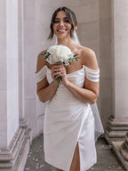 Diamond White Satin A-Line Wedding Dress with Off The Shoulder Neckline and Slit