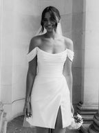 Diamond White Satin A-Line Wedding Dress with Off The Shoulder Neckline and Slit