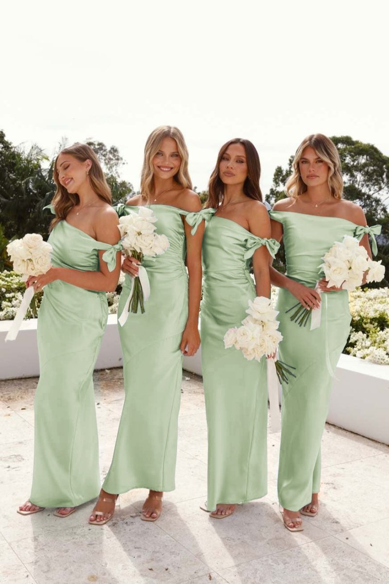Sky Blue Satin Sheath Bridesmaid Dress with Off The Shoulder Neckline and Pleated Detail