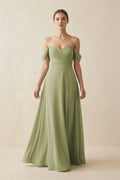 Moss Green Chiffon A-Line Bridesmaid Dress with Off The Shoulder Neckline