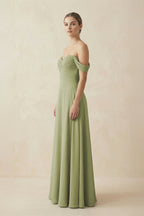 Moss Green Chiffon A-Line Bridesmaid Dress with Off The Shoulder Neckline
