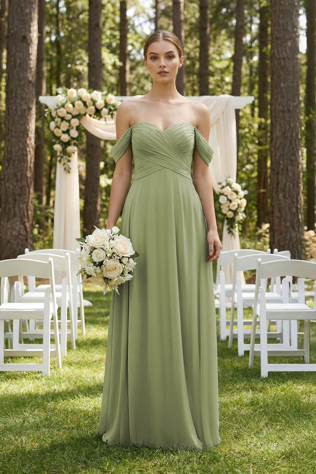 Moss Green Chiffon A-Line Bridesmaid Dress with Off The Shoulder Neckline