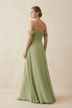 Moss Green Chiffon A-Line Bridesmaid Dress with Off The Shoulder Neckline