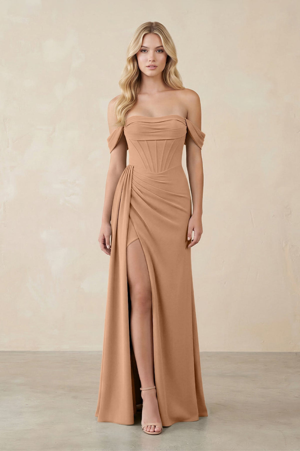 Bronze Chiffon Sheath Bridesmaid Dress with Off The Shoulder Neckline and Corset Back