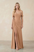 Bronze Chiffon Sheath Bridesmaid Dress with Off The Shoulder Neckline and Corset Back