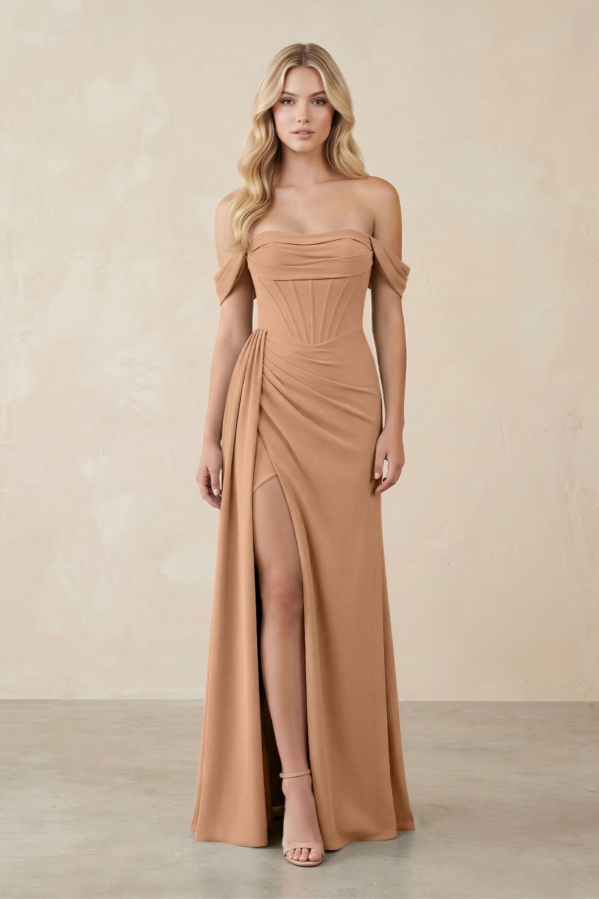 Bronze Chiffon Sheath Bridesmaid Dress with Off The Shoulder Neckline and Corset Back