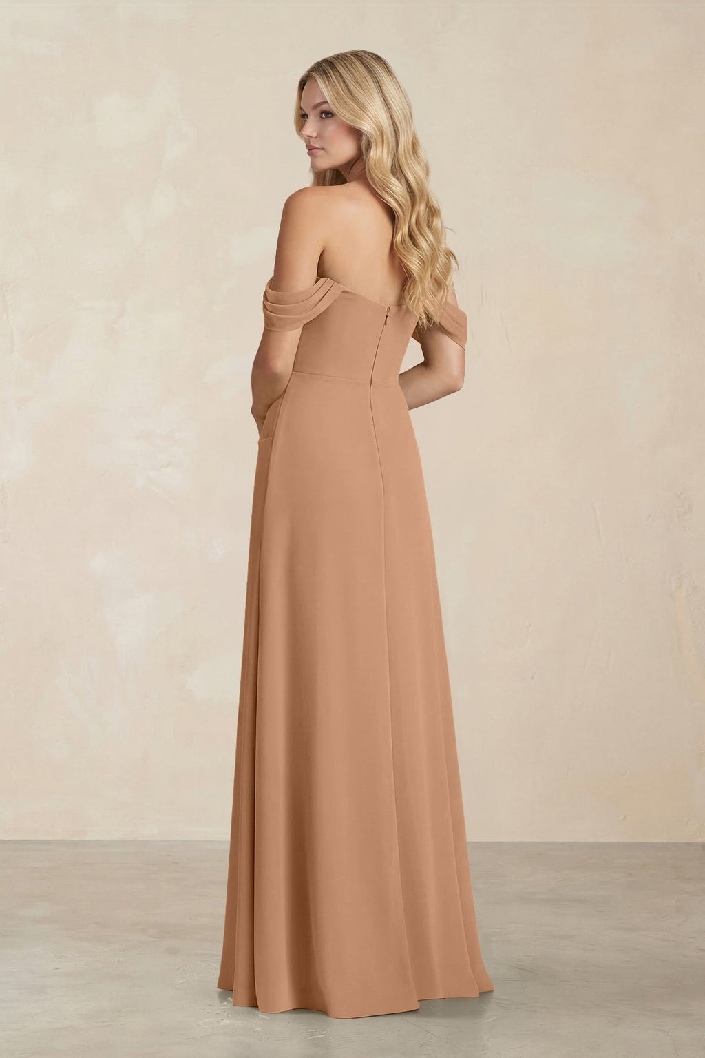 Bronze Chiffon Sheath Bridesmaid Dress with Off The Shoulder Neckline and Corset Back