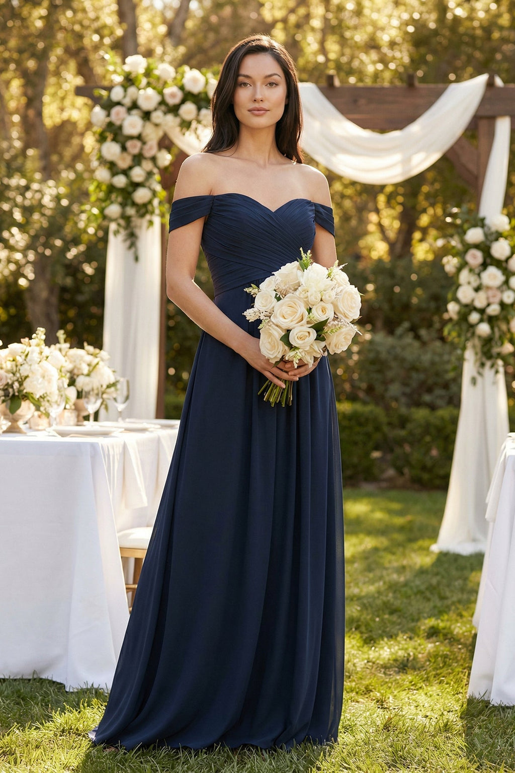 Navy Blue Chiffon A-Line Bridesmaid Dress with Off The Shoulder Neckline and Pleated Detail