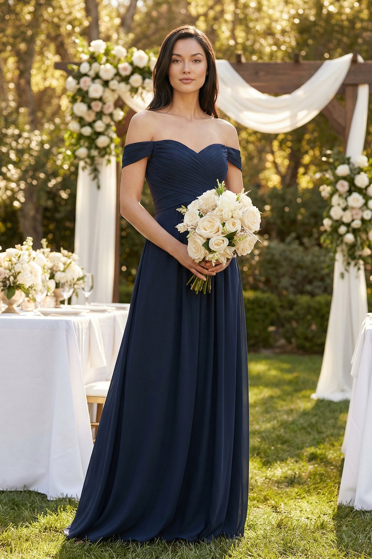 Navy Blue Chiffon A-Line Bridesmaid Dress with Off The Shoulder Neckline and Pleated Detail